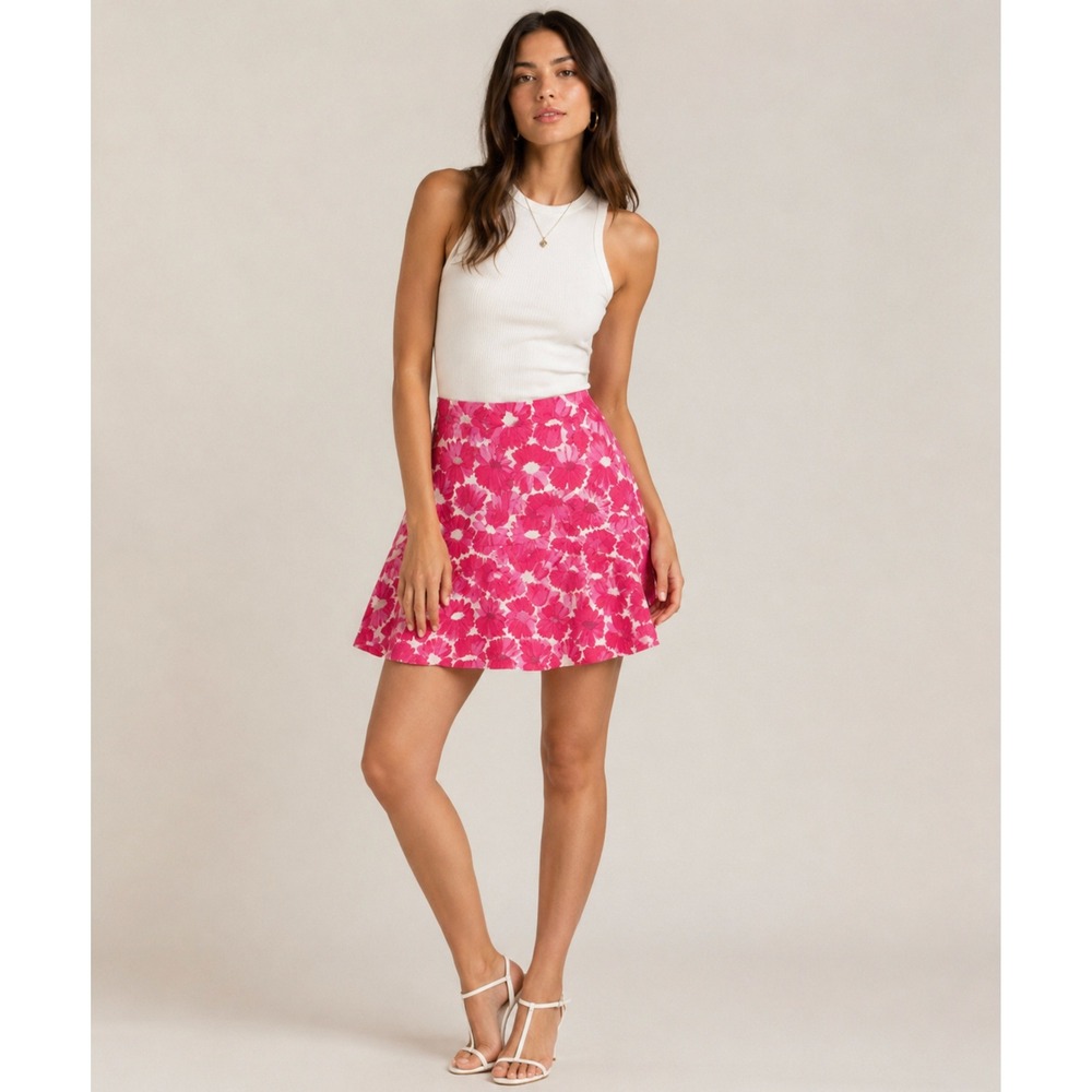 Milly New York Designer Mini Skirt Sz 4 Pink Floral Print Flared Side Zip Cotton